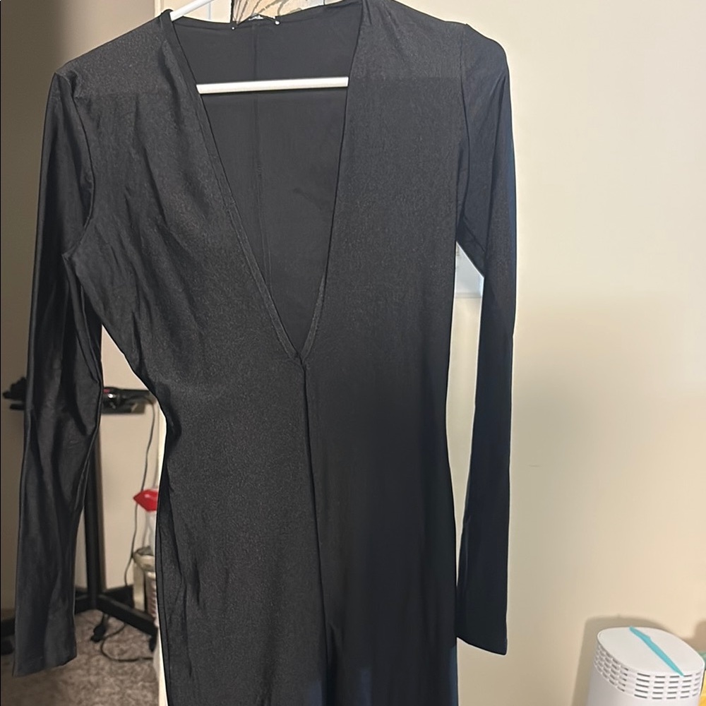 Black Long Sleeve Deep V-Neck Bodysuit